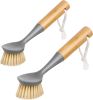Dish Brush with Bamboo Handle Built-in Scraper, Scrub Brush for Pans, Pots, Kitchen Sink Cleaning, Pack of 2