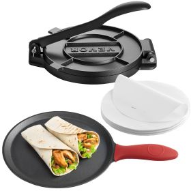 Tortilla Press, 8 Inch Cast Iron Tortilla and Roti Maker, Heavy Duty Tortilladora Press, Pataconera Makers with Handle and 100 Pcs Parchment Paper